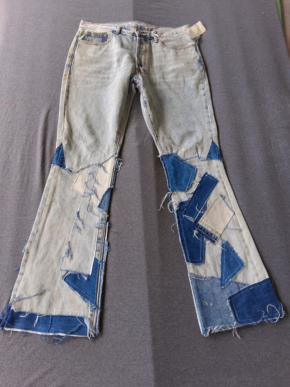 MNML B424 Men’s Patchwork Flare Denim Jeans Wash Blue Star Studs [34]